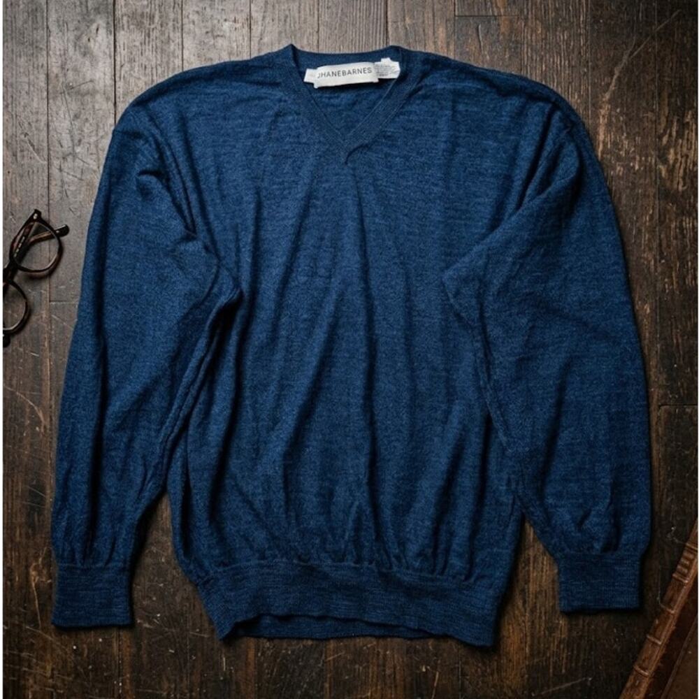 Vintage Jhane Barnes Mens XL V-Neck Sweater Navy Blue Heather 75% Wool Blend